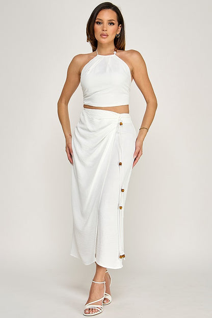 2pc set-Beaded Halter Top with Wrap Midi Skirt