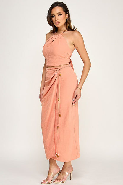 2pc set-Beaded Halter Top with Wrap Midi Skirt