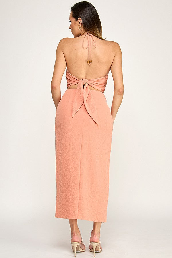 2pc set-Beaded Halter Top with Wrap Midi Skirt