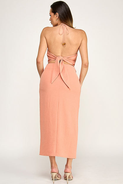 2pc set-Beaded Halter Top with Wrap Midi Skirt