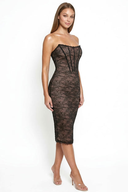 Stretch Lace Corset Body Strapless Midi Dress