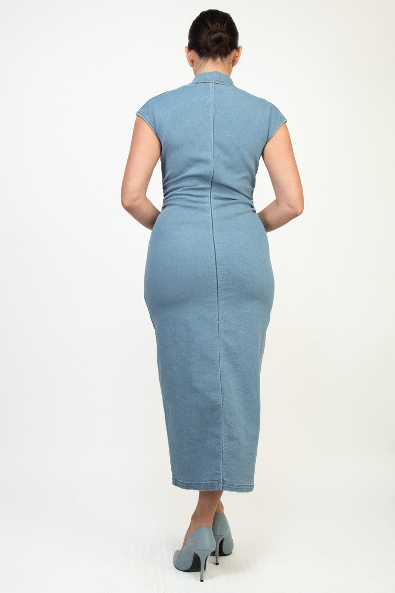 Denim Button-down Cap Sleeve Maxi Dress