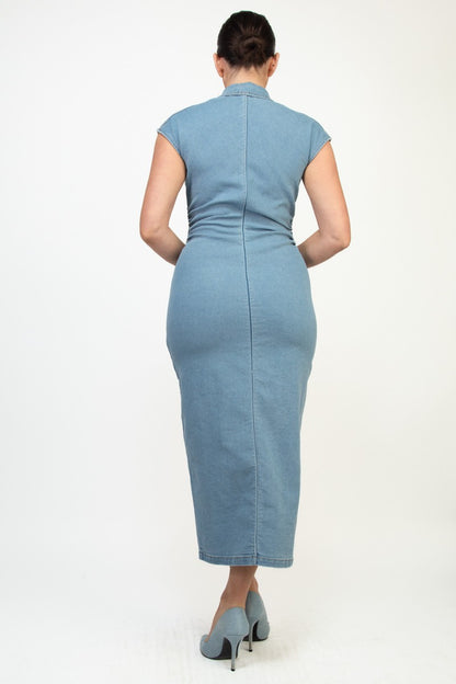 Denim Button-down Cap Sleeve Maxi Dress