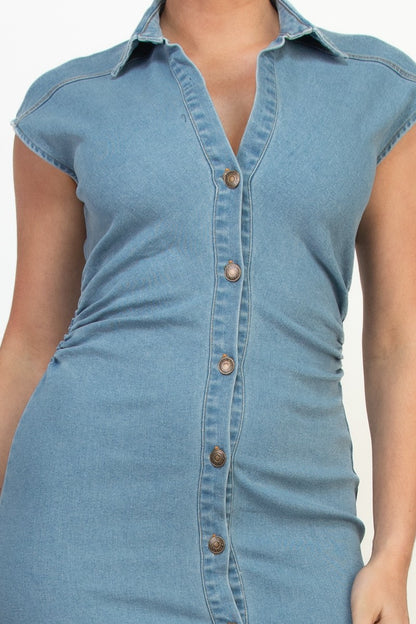 Denim Button-down Cap Sleeve Maxi Dress