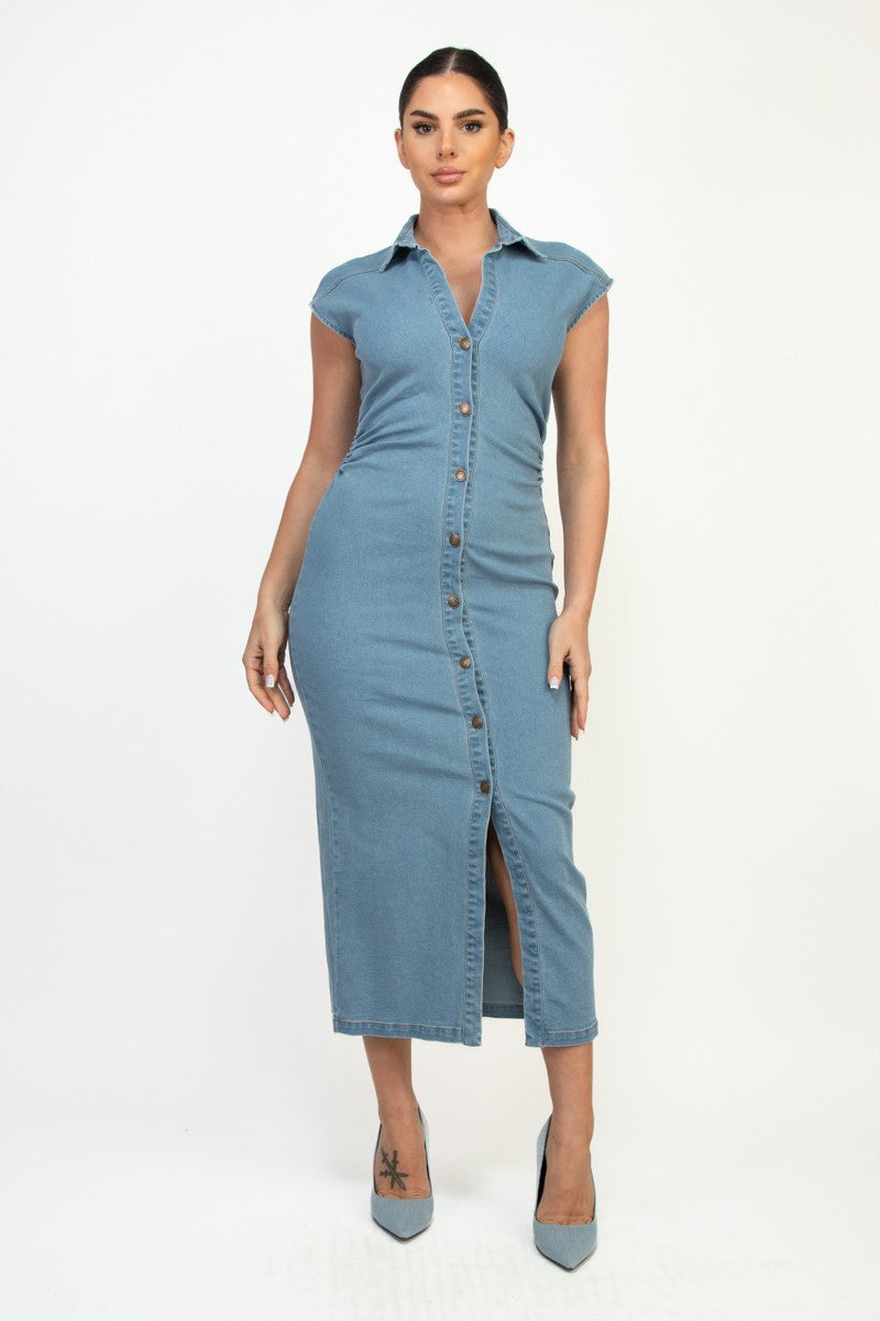 Denim Button-down Cap Sleeve Maxi Dress