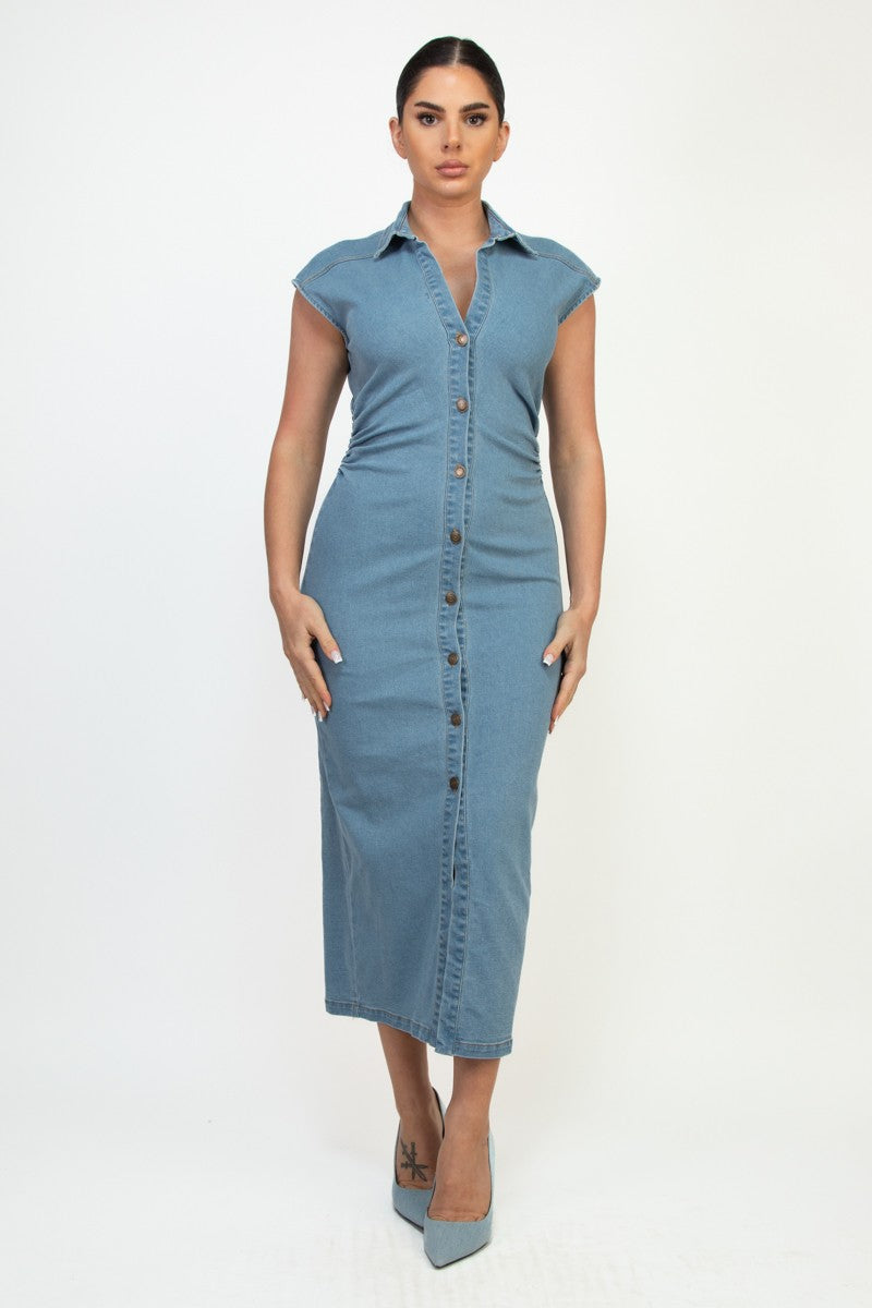 Denim Button-down Cap Sleeve Maxi Dress