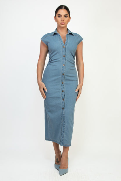 Denim Button-down Cap Sleeve Maxi Dress
