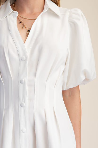Shirt Dress Balloon Sleeve Waist Pleated Mini Fit & Flare