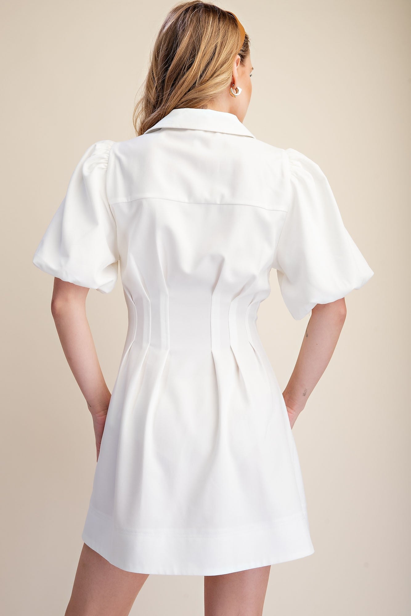 Shirt Dress Balloon Sleeve Waist Pleated Mini Fit & Flare