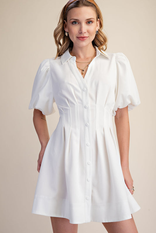 Shirt Dress Balloon Sleeve Waist Pleated Mini Fit & Flare