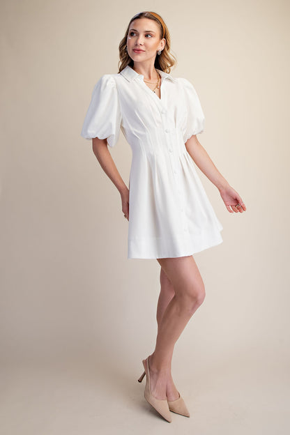 Shirt Dress Balloon Sleeve Waist Pleated Mini Fit & Flare