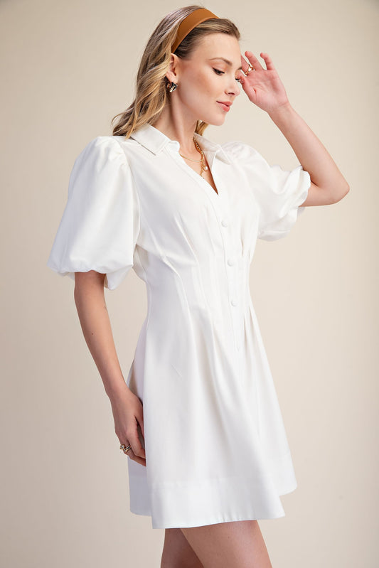 Shirt Dress Balloon Sleeve Waist Pleated Mini Fit & Flare