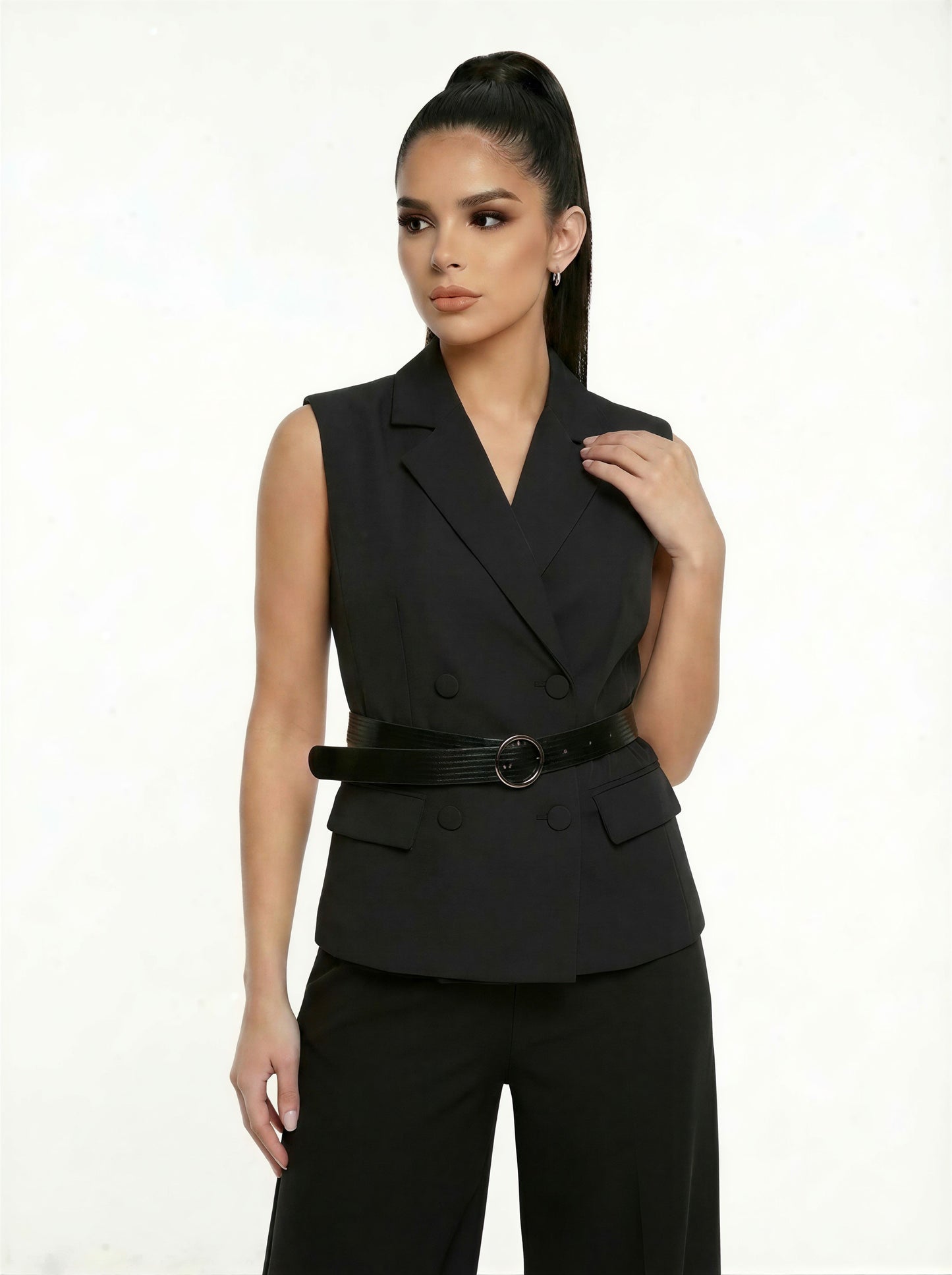 Double Breasted Notch Belted Vest