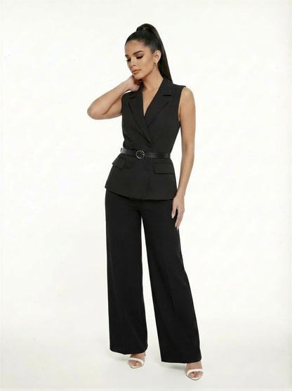 Double Breasted Notch Belted Vest