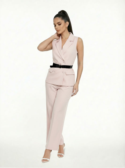 Double Breasted Notch Belted Vest