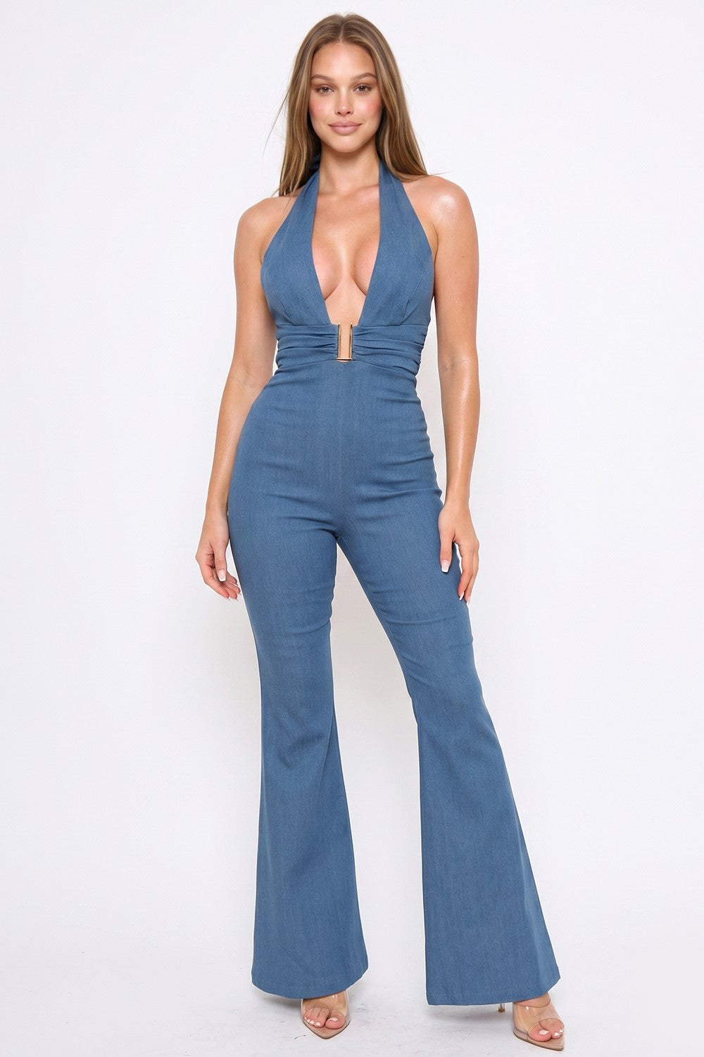 Plunging V-neck Halter Denim Sleeveless Jumpsuit