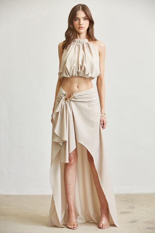 2pc set- necklace tie back halter & hi lo maxi skirt