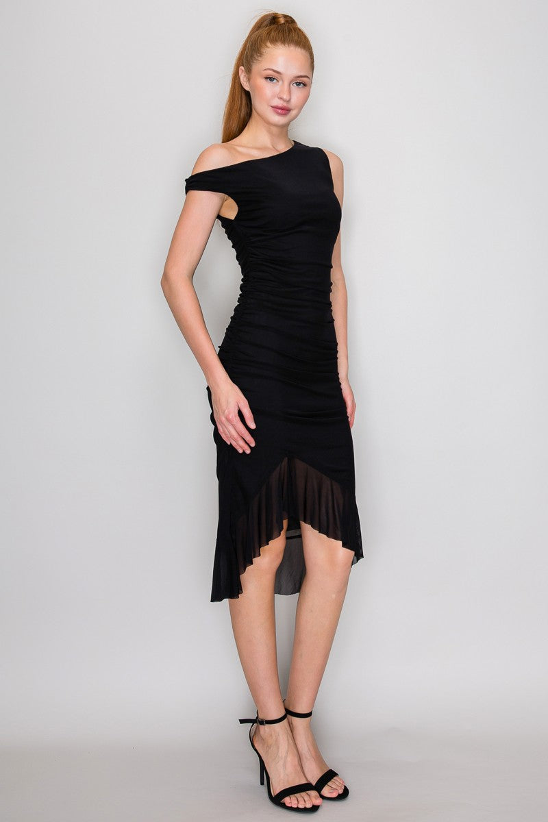 Asymmetrical Neck Ruffled Hem Midi Dress