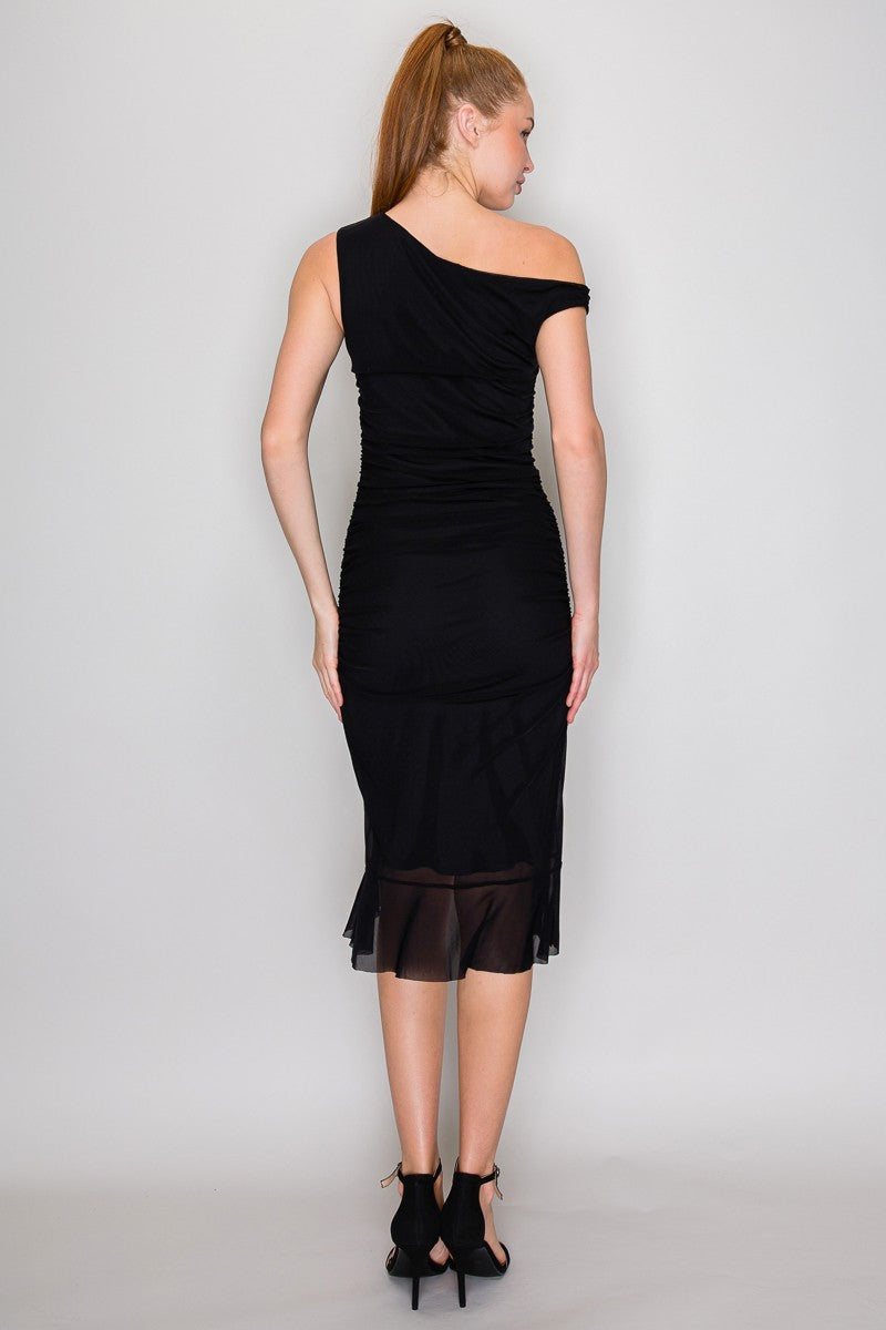 Asymmetrical Neck Ruffled Hem Midi Dress