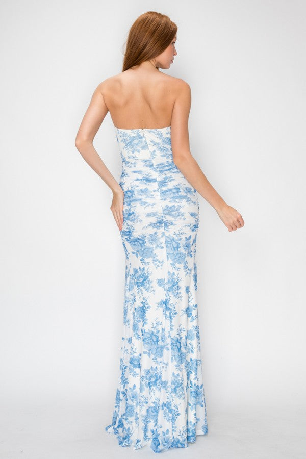 Strapless Ruched Floral Mermaid Maxi
