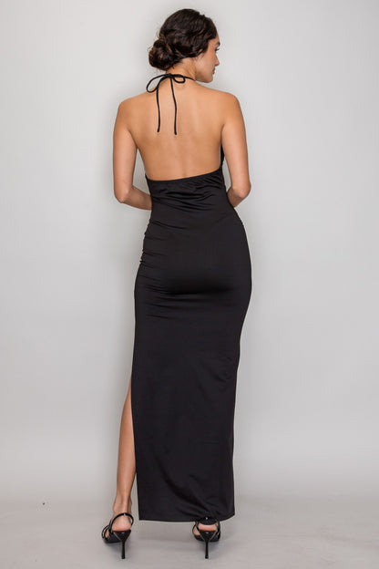 Jewel Open Back Side Slit Halter Dress