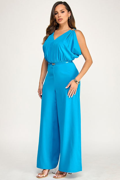 Drape Shoulder Gold Trim V Neck Jumpsuit