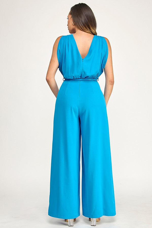 Drape Shoulder Gold Trim V Neck Jumpsuit