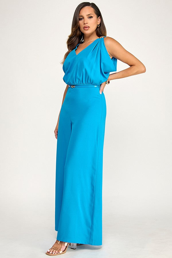Drape Shoulder Gold Trim V Neck Jumpsuit