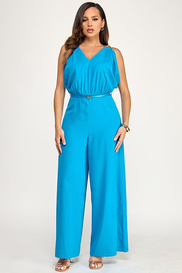 Drape Shoulder Gold Trim V Neck Jumpsuit