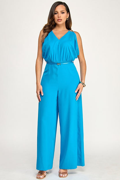 Drape Shoulder Gold Trim V Neck Jumpsuit