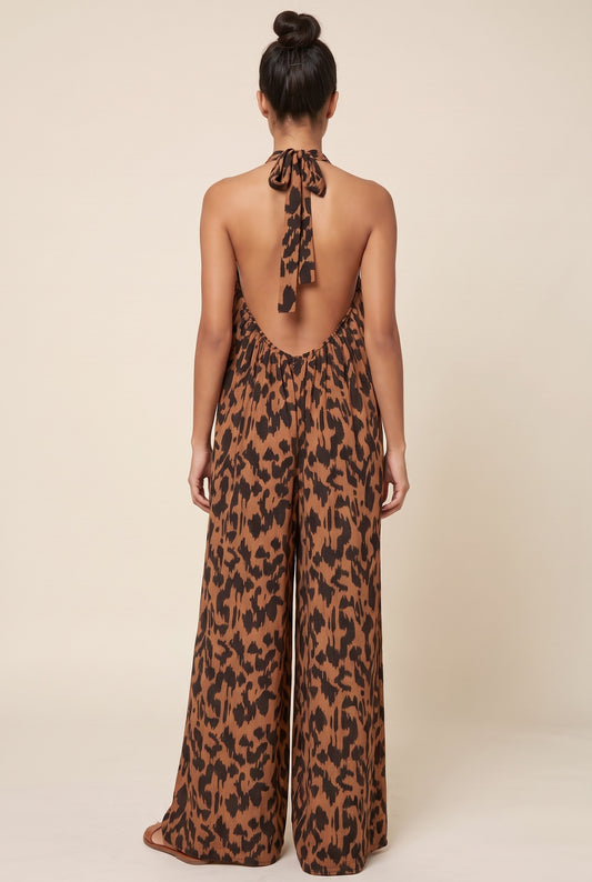 Leopard Halter Tie Deep Back Jumpsuit