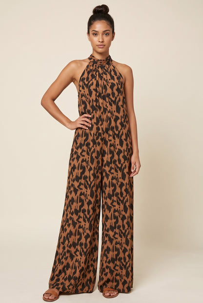 Leopard Halter Tie Deep Back Jumpsuit