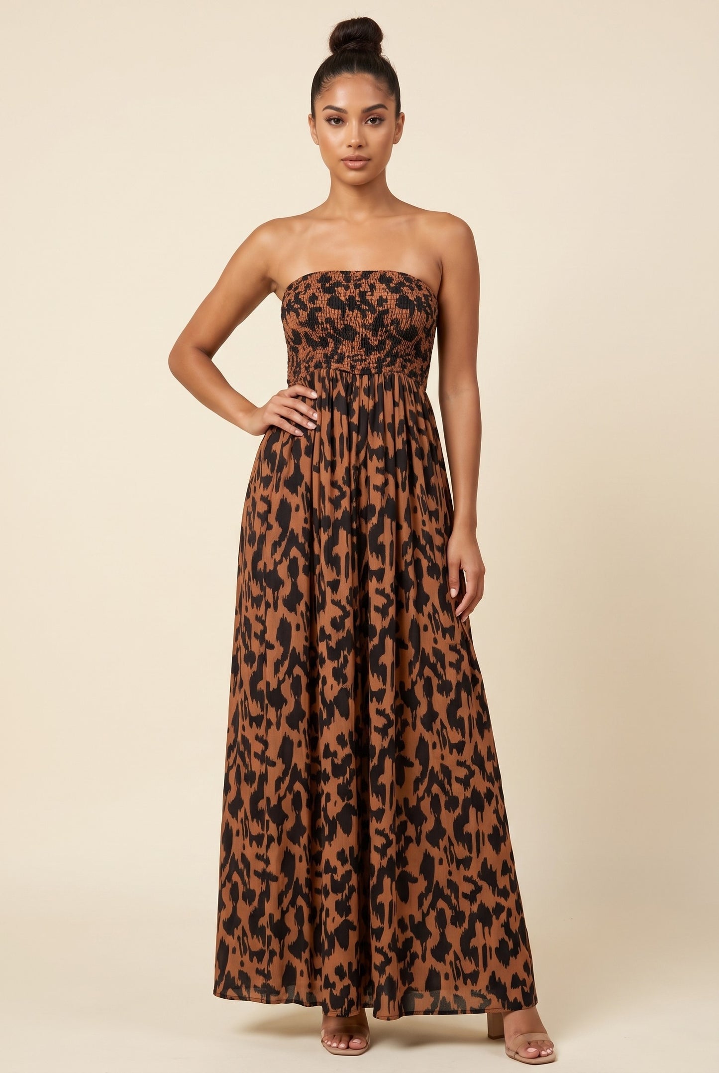 Leopard Smocked Strapless Wide Leg Jumpsuit