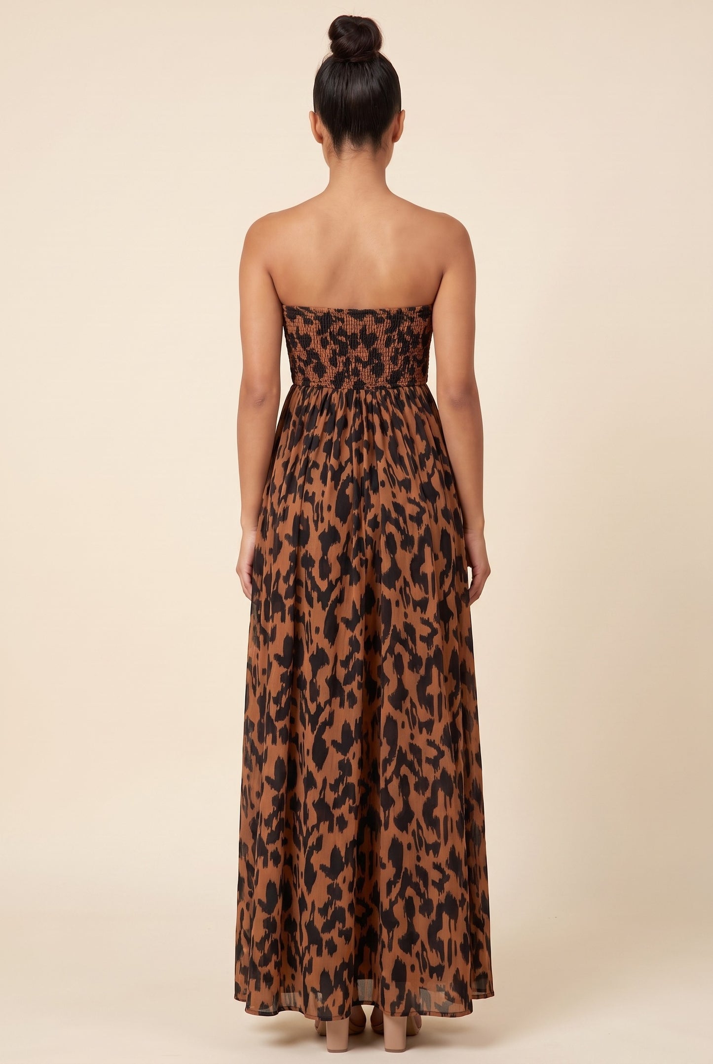 Leopard Smocked Strapless Wide Leg Jumpsuit