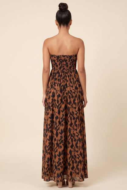 Leopard Smocked Strapless Wide Leg Jumpsuit