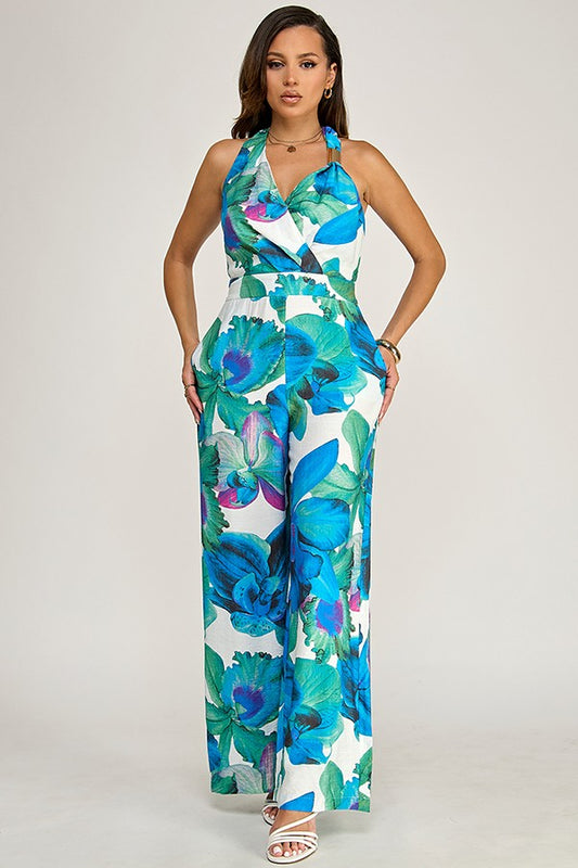 Tropical Print Sleeveless Asymmetrical Metal Buckle Detail Jumpsuit
