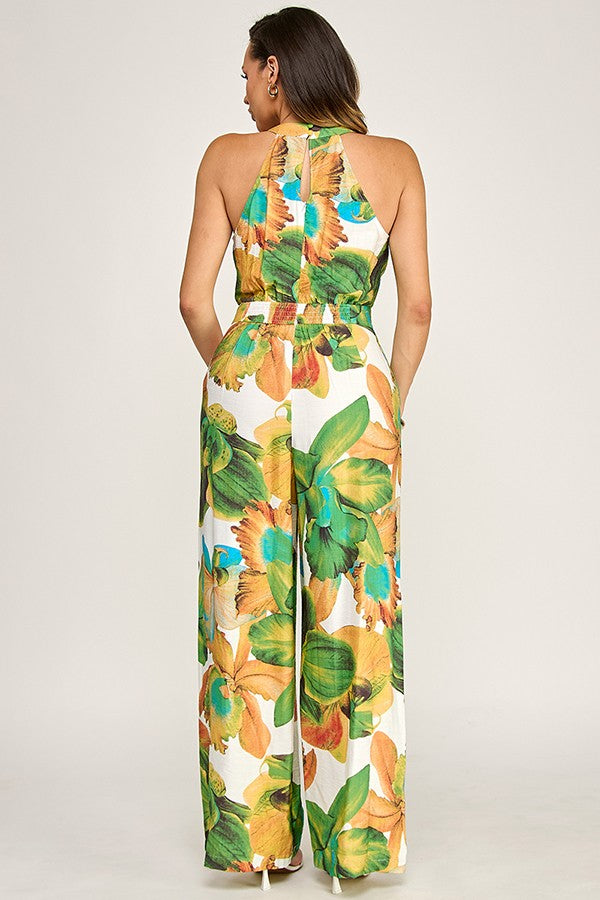 Tropical Print Sleeveless Asymmetrical Metal Buckle Detail Jumpsuit