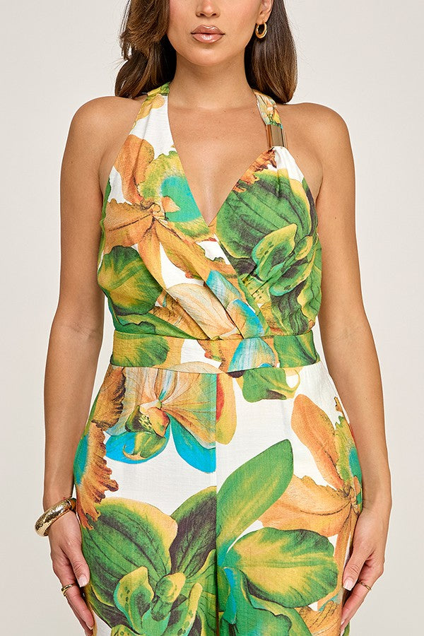Tropical Print Sleeveless Asymmetrical Metal Buckle Detail Jumpsuit