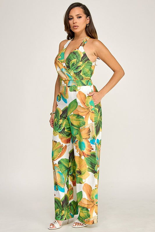 Tropical Print Sleeveless Asymmetrical Metal Buckle Detail Jumpsuit