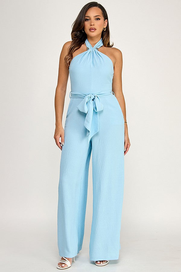 Halter Neck Gold Trim Detail Jumpsuit