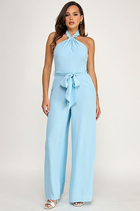 Halter Neck Gold Trim Detail Jumpsuit