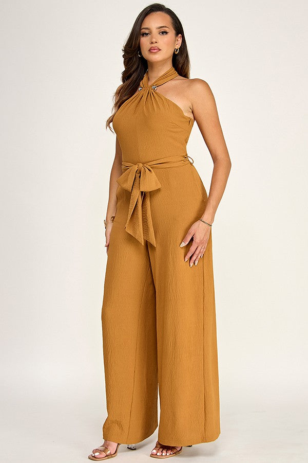 Halter Neck Gold Trim Detail Jumpsuit