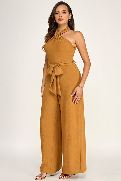 Halter Neck Gold Trim Detail Jumpsuit