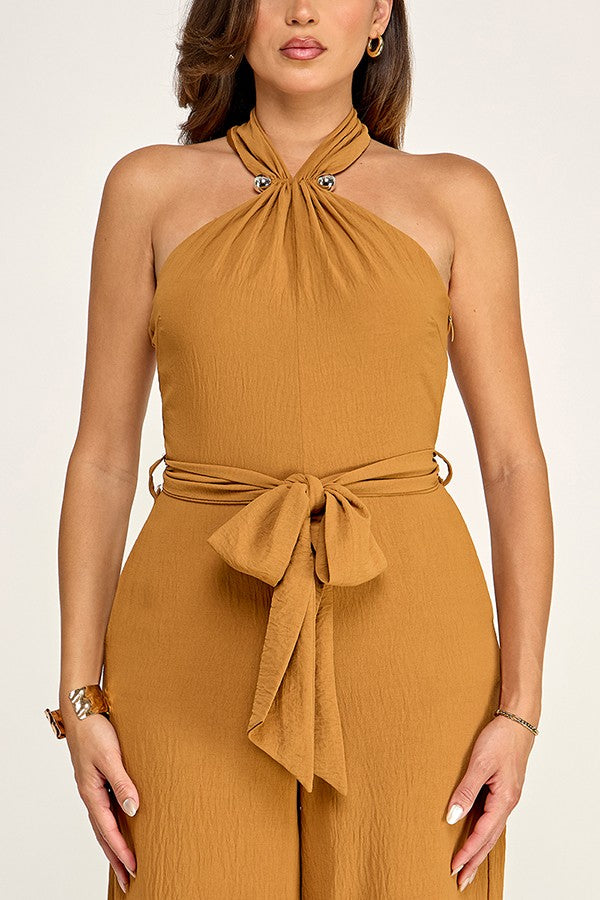 Halter Neck Gold Trim Detail Jumpsuit