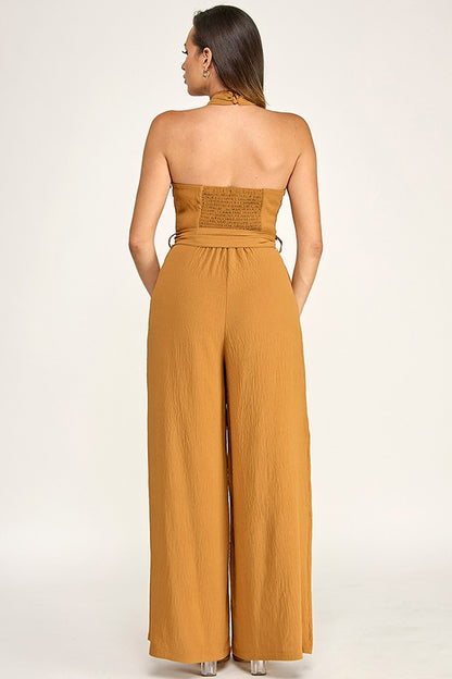 Halter Neck Gold Trim Detail Jumpsuit