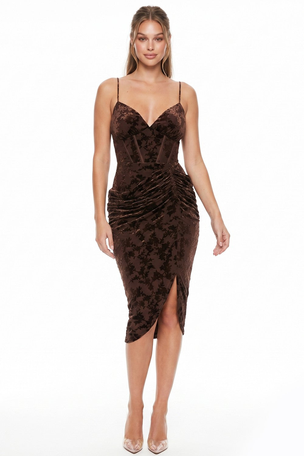 Burnout Velvet Drape Shirring Sleeveless Midi Dress