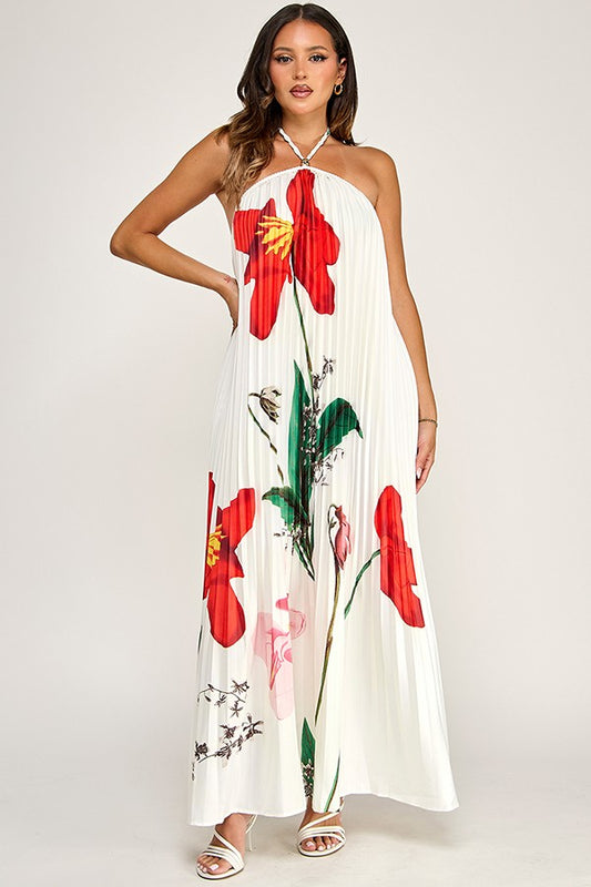 Floral Braid String Halter Neck All Over Pleated Maxi Dress
