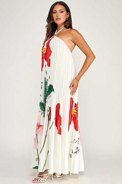 Floral Braid String Halter Neck All Over Pleated Maxi Dress