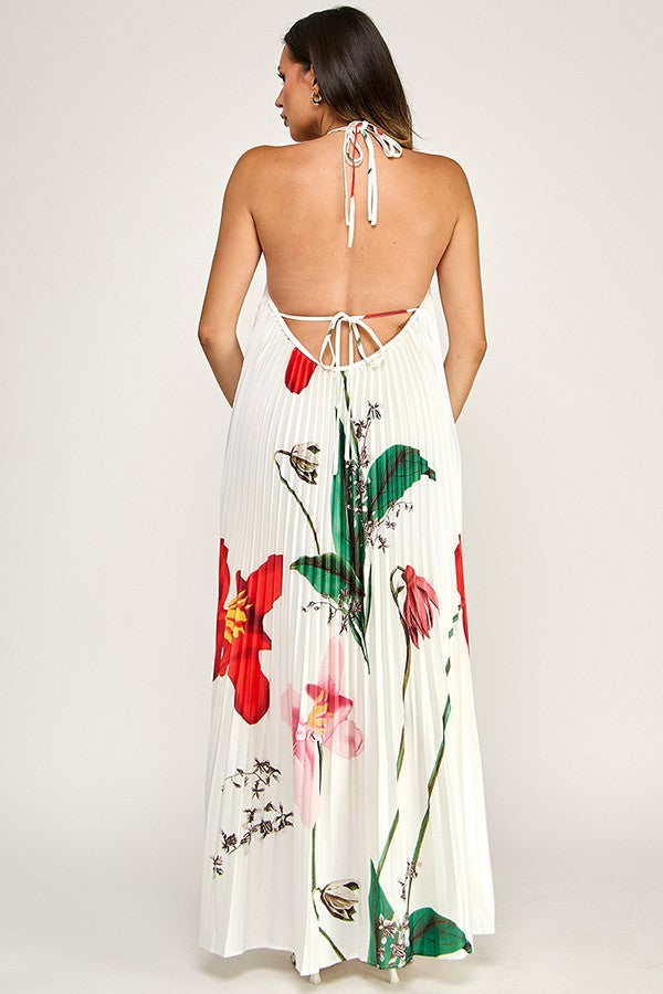 Floral Braid String Halter Neck All Over Pleated Maxi Dress