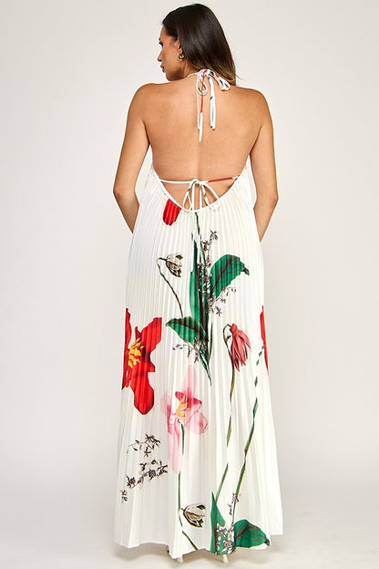 Floral Braid String Halter Neck All Over Pleated Maxi Dress